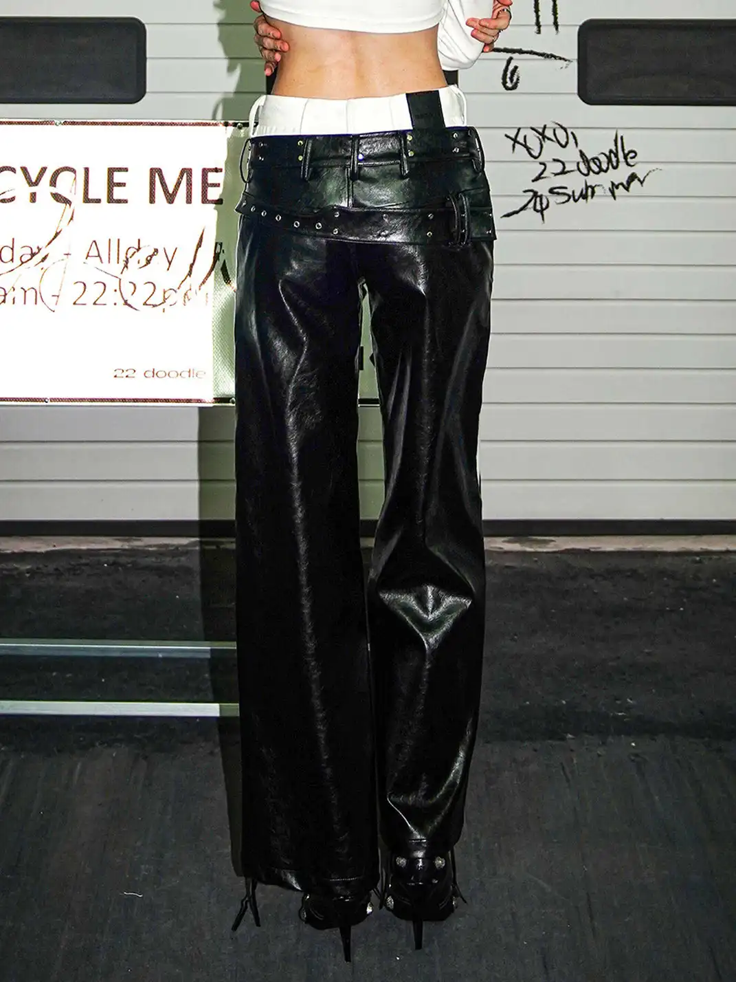 22 doodle | Faux Two-Piece Studded Leather Pants