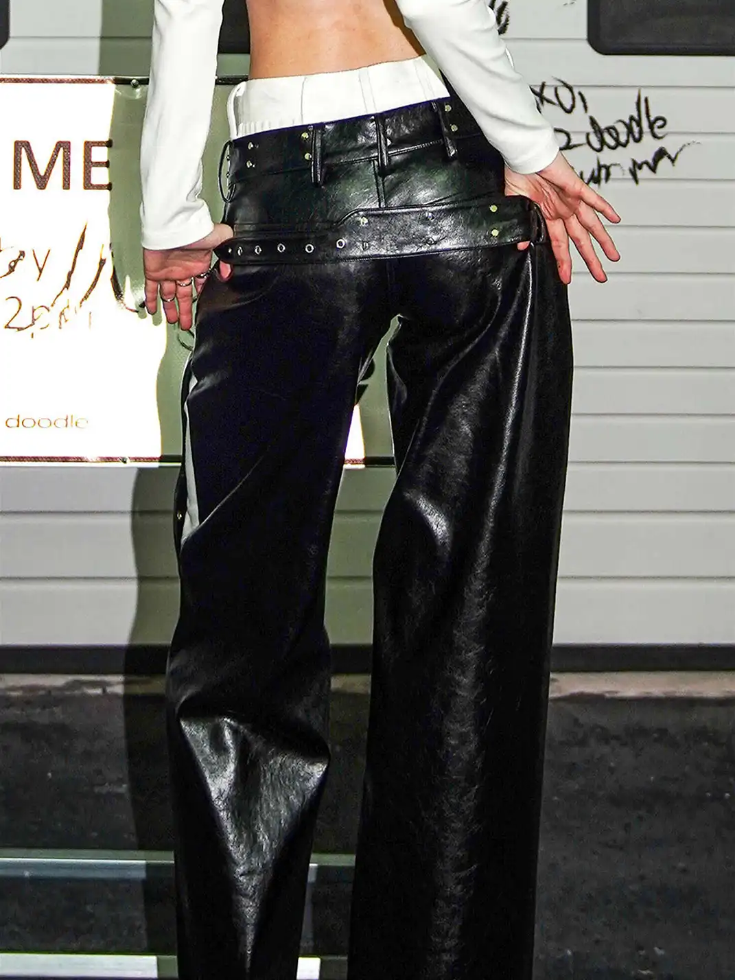 22 doodle | Faux Two-Piece Studded Leather Pants