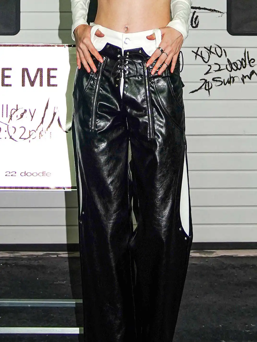 22 doodle | Faux Two-Piece Studded Leather Pants