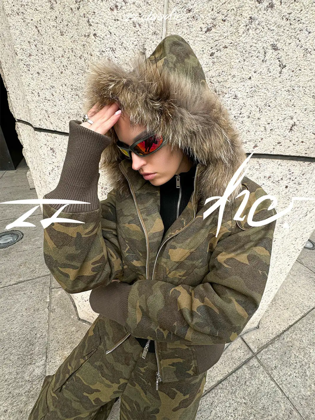 22 doodle | Camouflage Fur Collar Workwear Cotton-padded Jacket