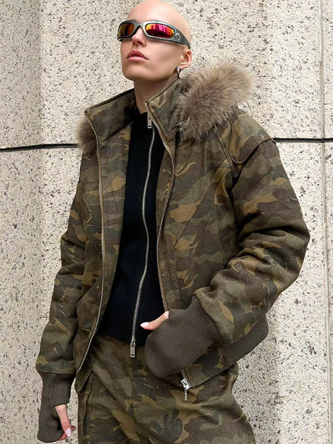 22 doodle | Camouflage Fur Collar Workwear Cotton-padded Jacket
