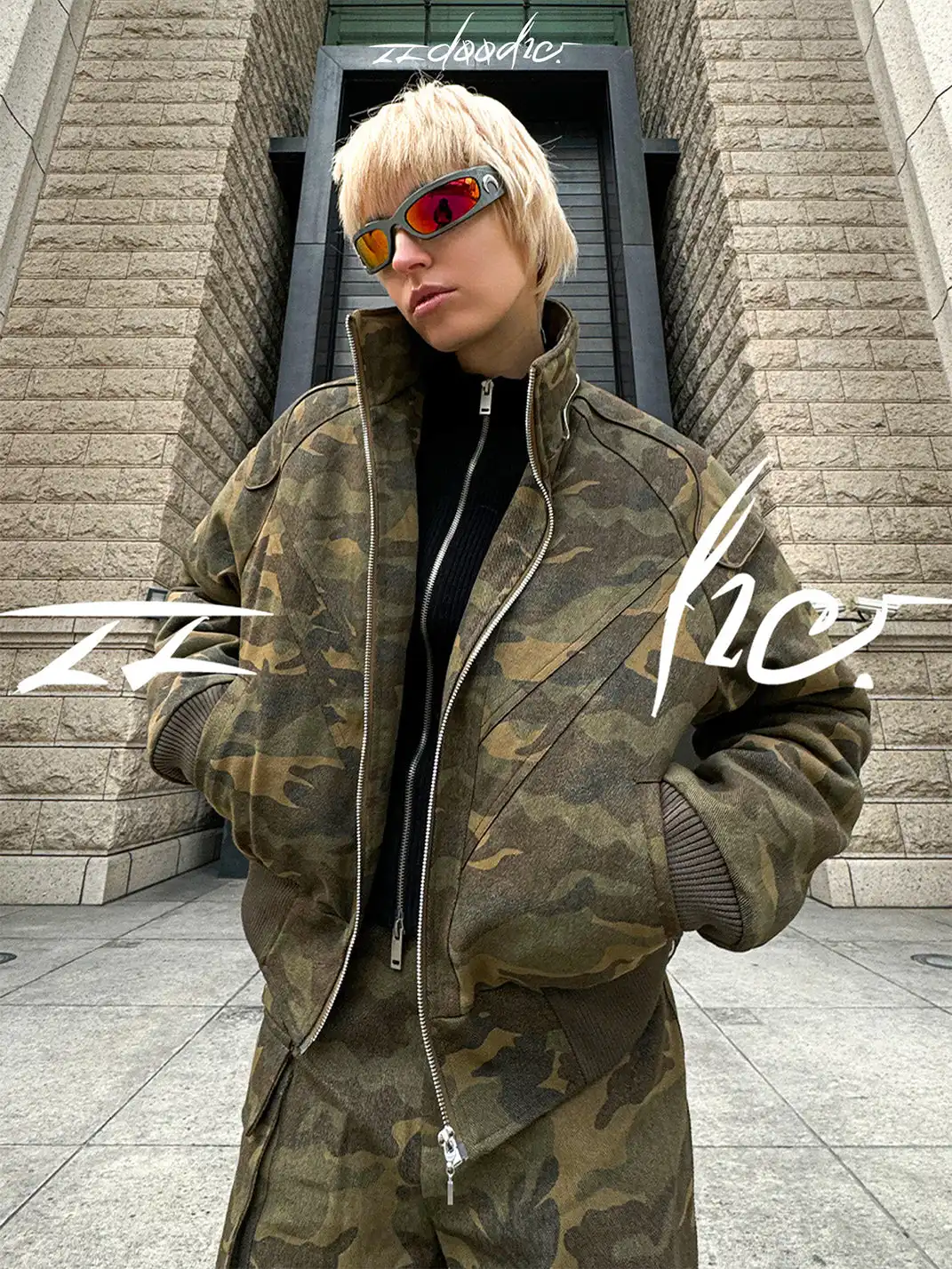 22 doodle | Camouflage Fur Collar Workwear Cotton-padded Jacket