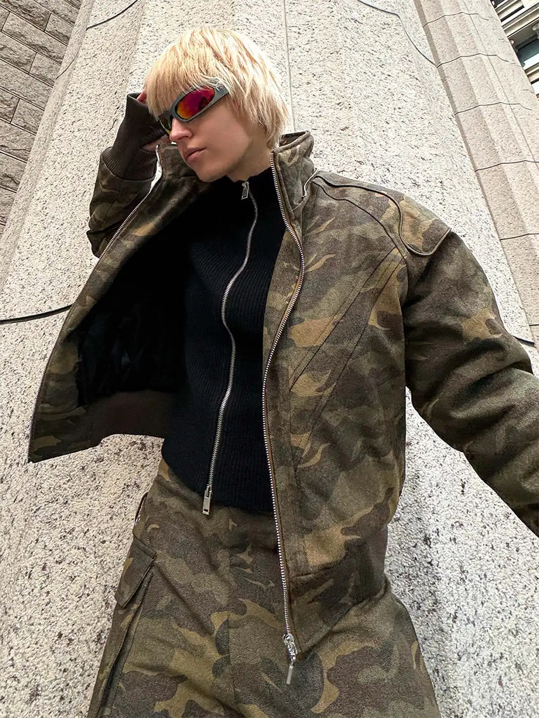 22 doodle | Camouflage Fur Collar Workwear Cotton-padded Jacket