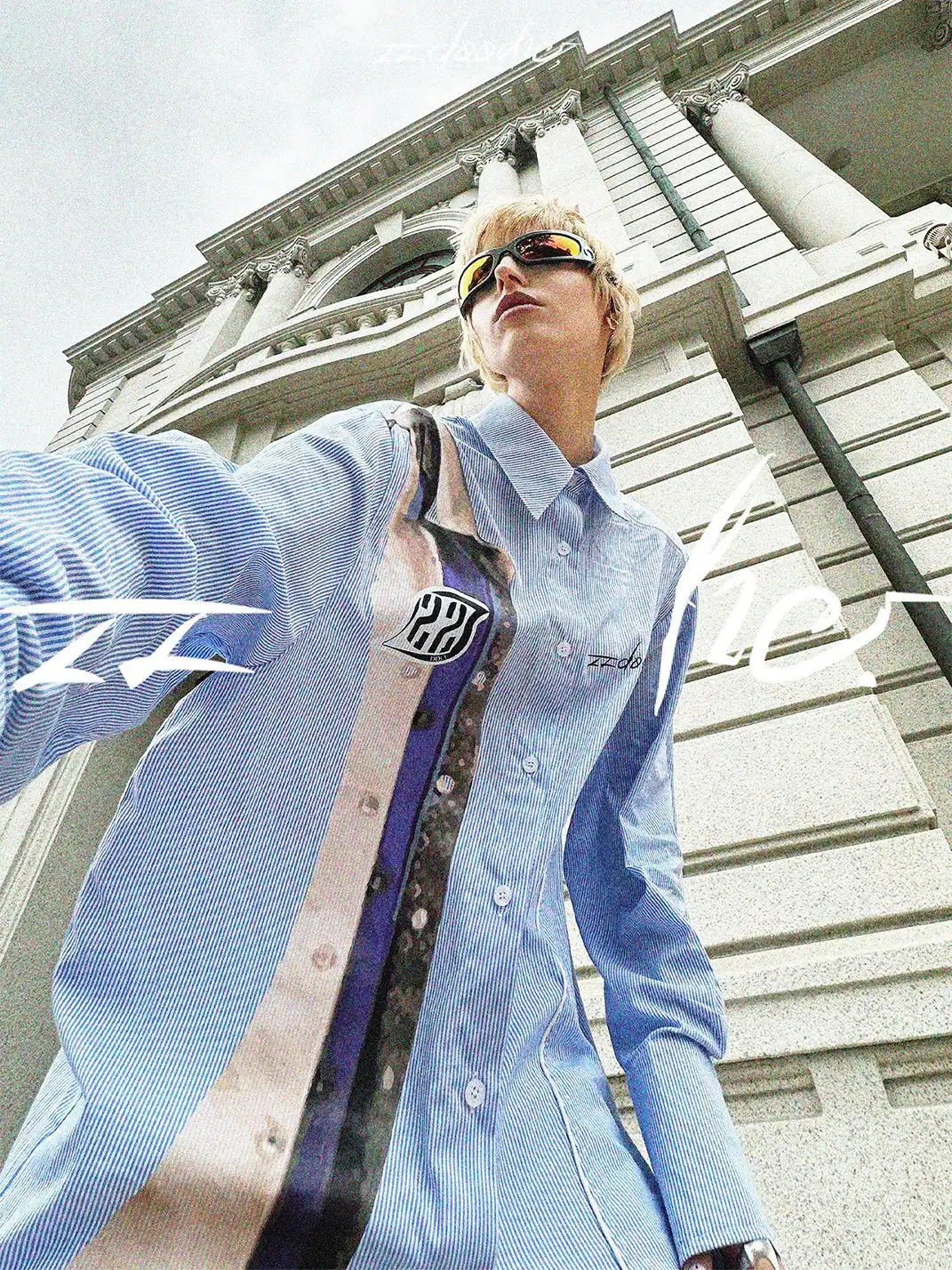 22 doodle | Printed Lace Striped Shirt
