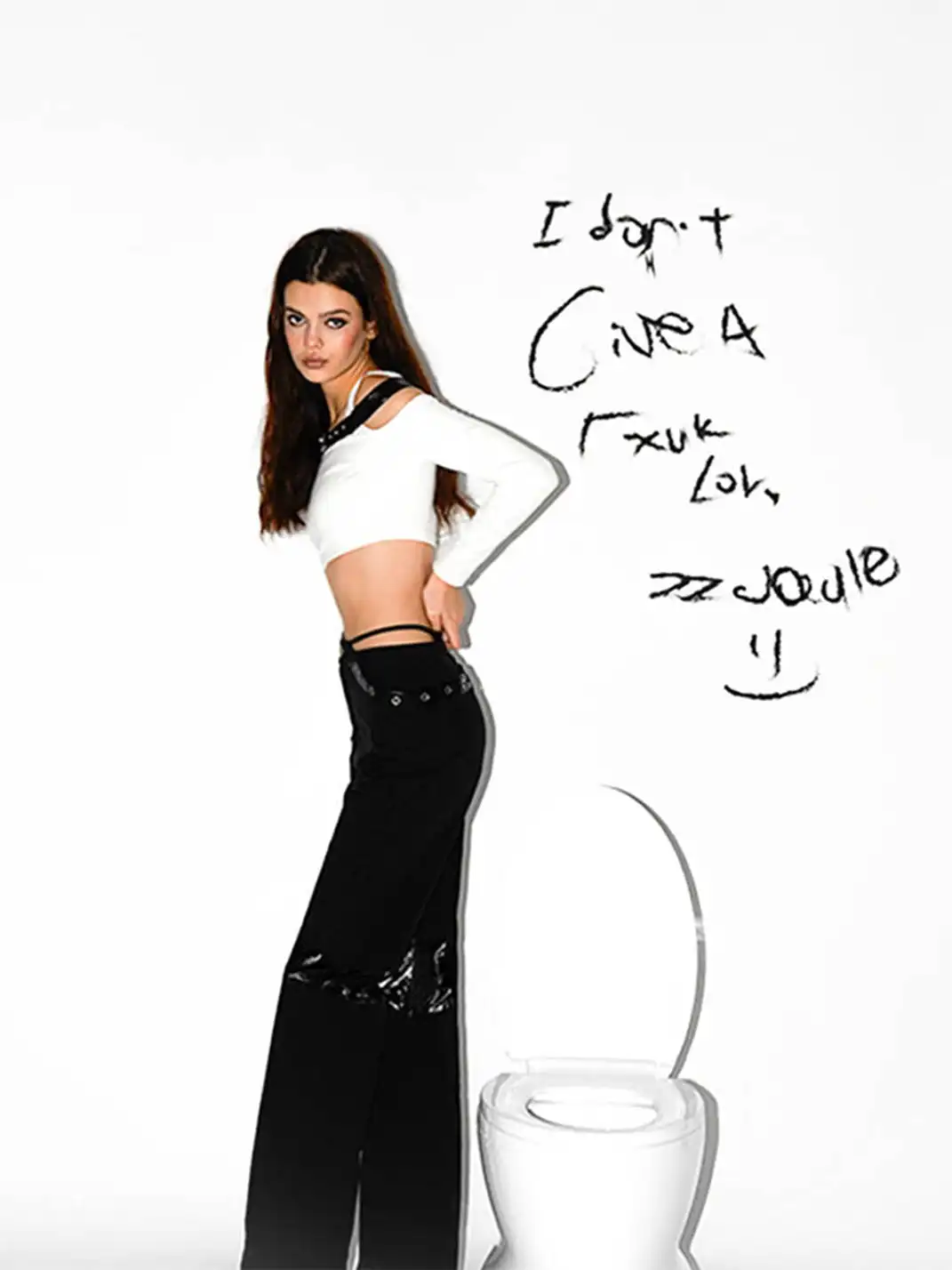 22 doodle | Leather Shoulder Strap Off-Shoulder Long-Sleeve Top