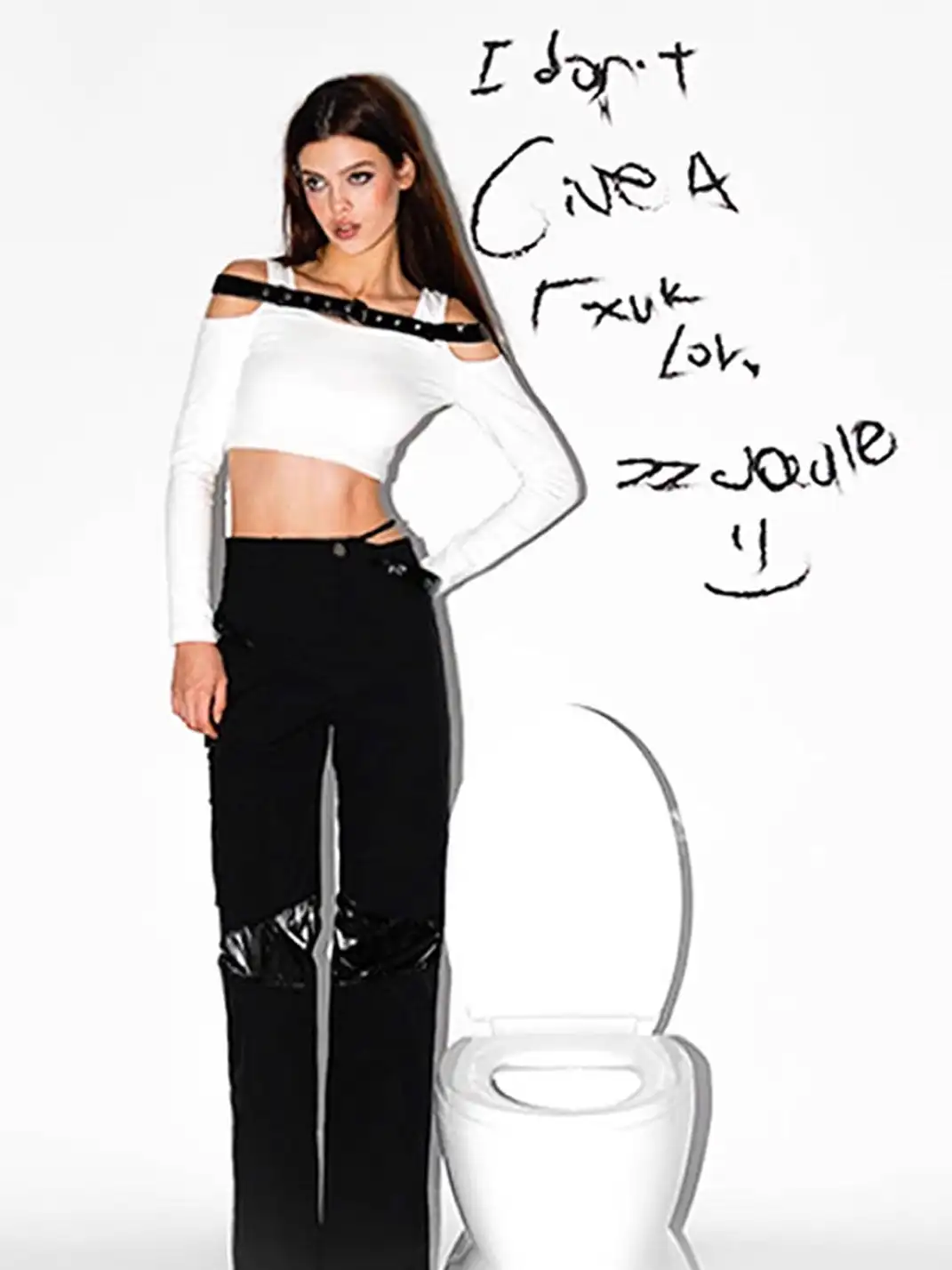 22 doodle | Leather Shoulder Strap Off-Shoulder Long-Sleeve Top