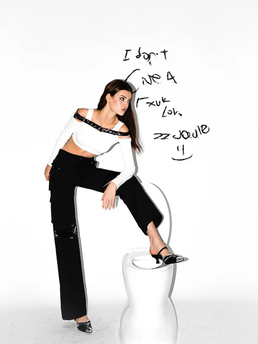 22 doodle | Leather Shoulder Strap Off-Shoulder Long-Sleeve Top