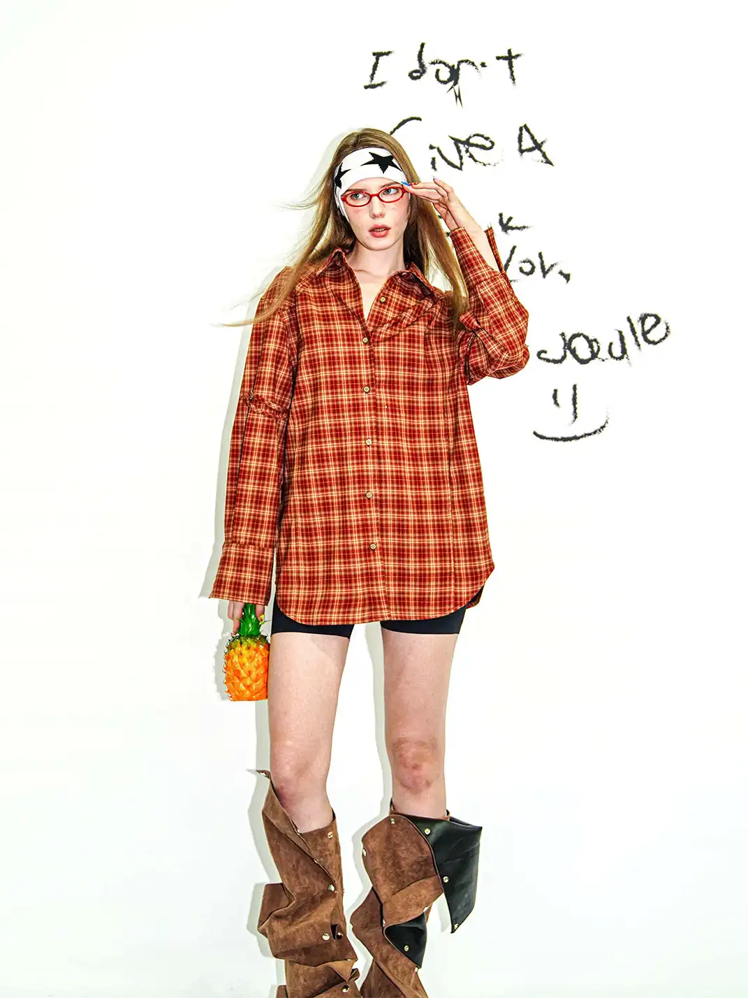 22 doodle | Red Plaid Oversized Shirt