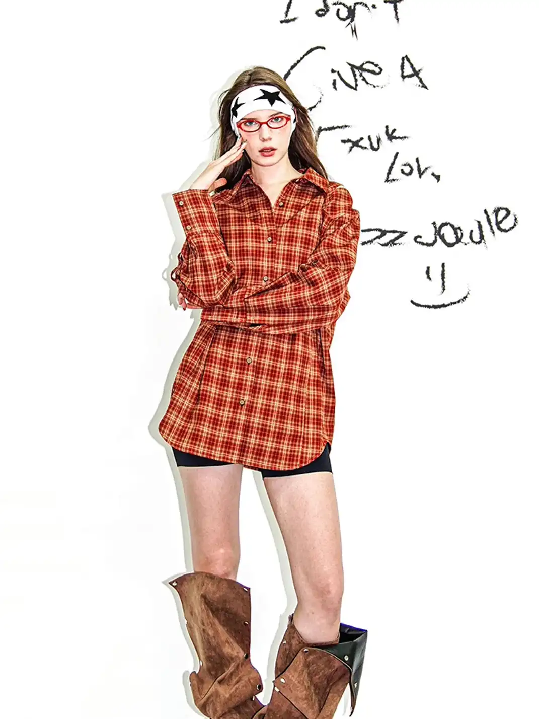 22 doodle | Red Plaid Oversized Shirt