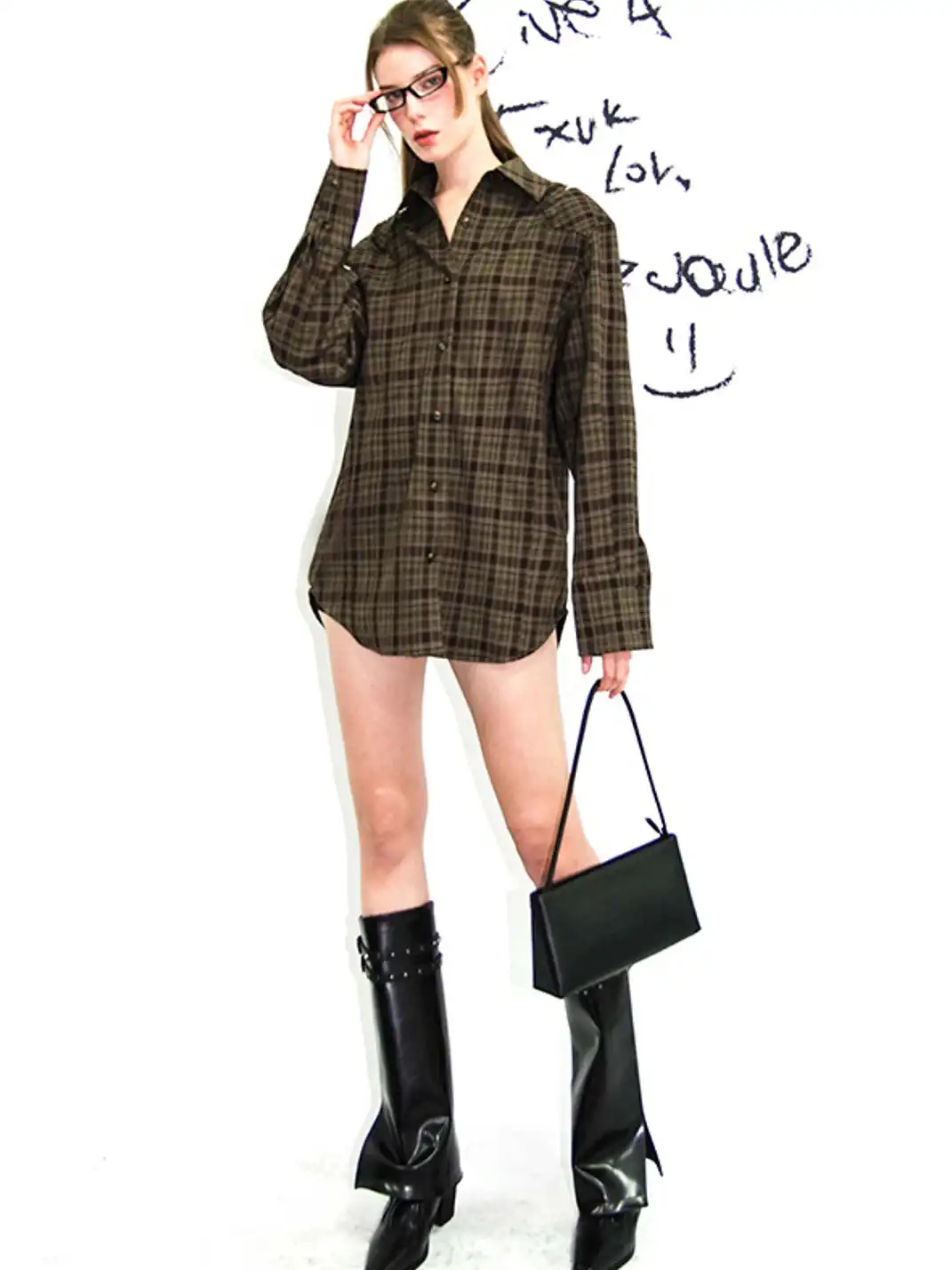 22 doodle | Retro Plaid Oversized Shirt