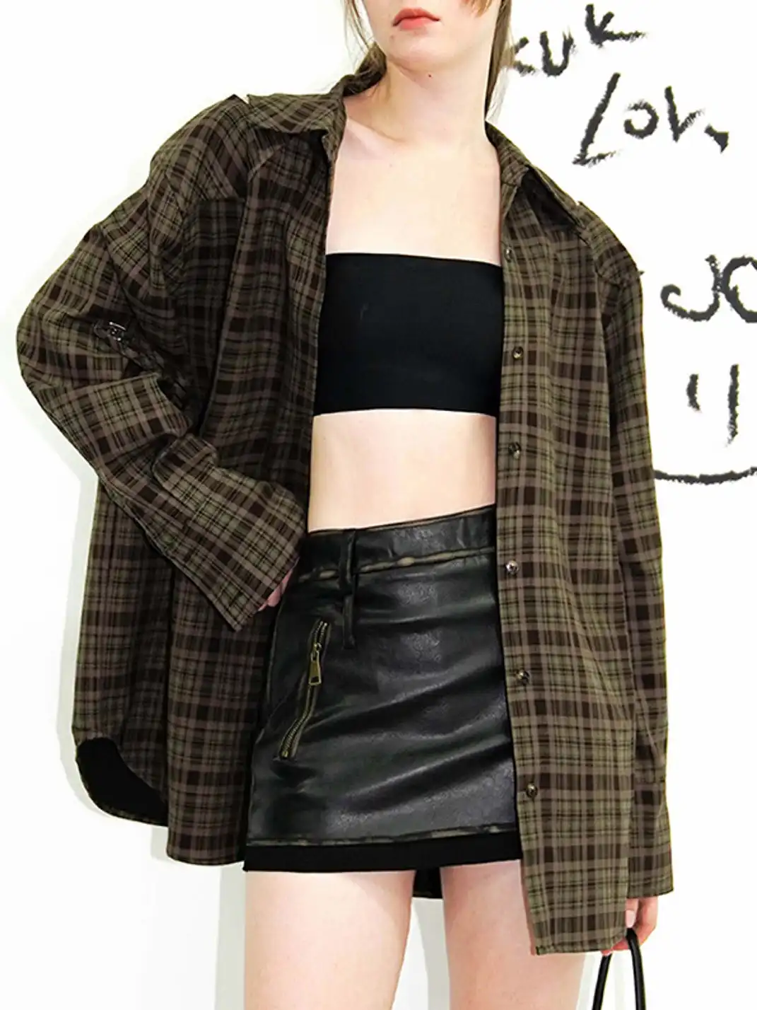 22 doodle | Retro Plaid Oversized Shirt