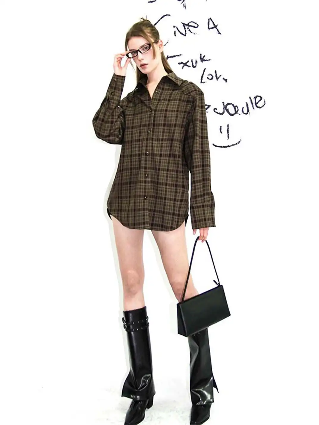 22 doodle | Retro Plaid Oversized Shirt