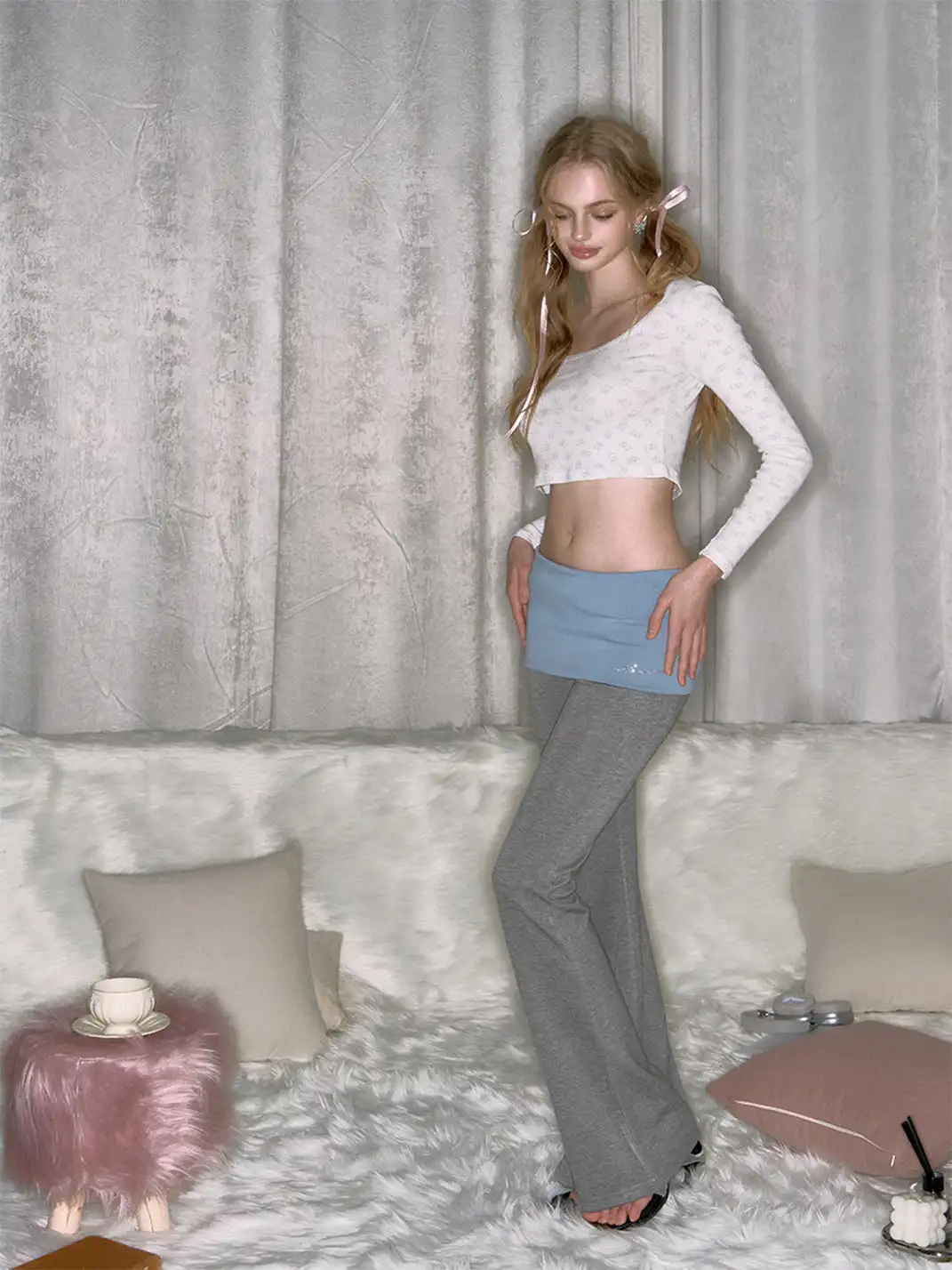 DeleteEX | Color-blocked Faux Two-piece Flared Yoga Pants