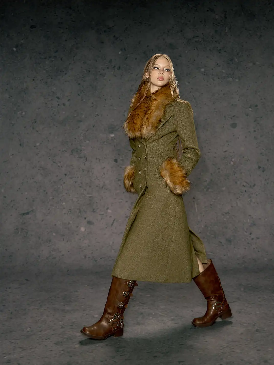 DeleteEX | Eco-friendly Fur Collar Double-breasted Belted Coat