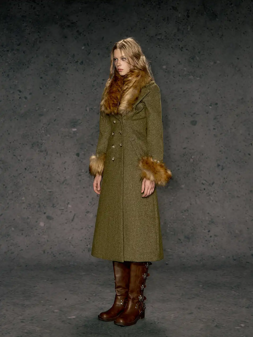 DeleteEX | Eco-friendly Fur Collar Double-breasted Belted Coat