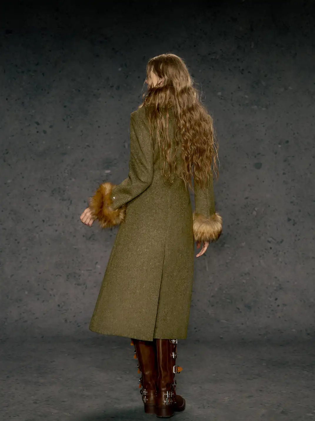 DeleteEX | Eco-friendly Fur Collar Double-breasted Belted Coat