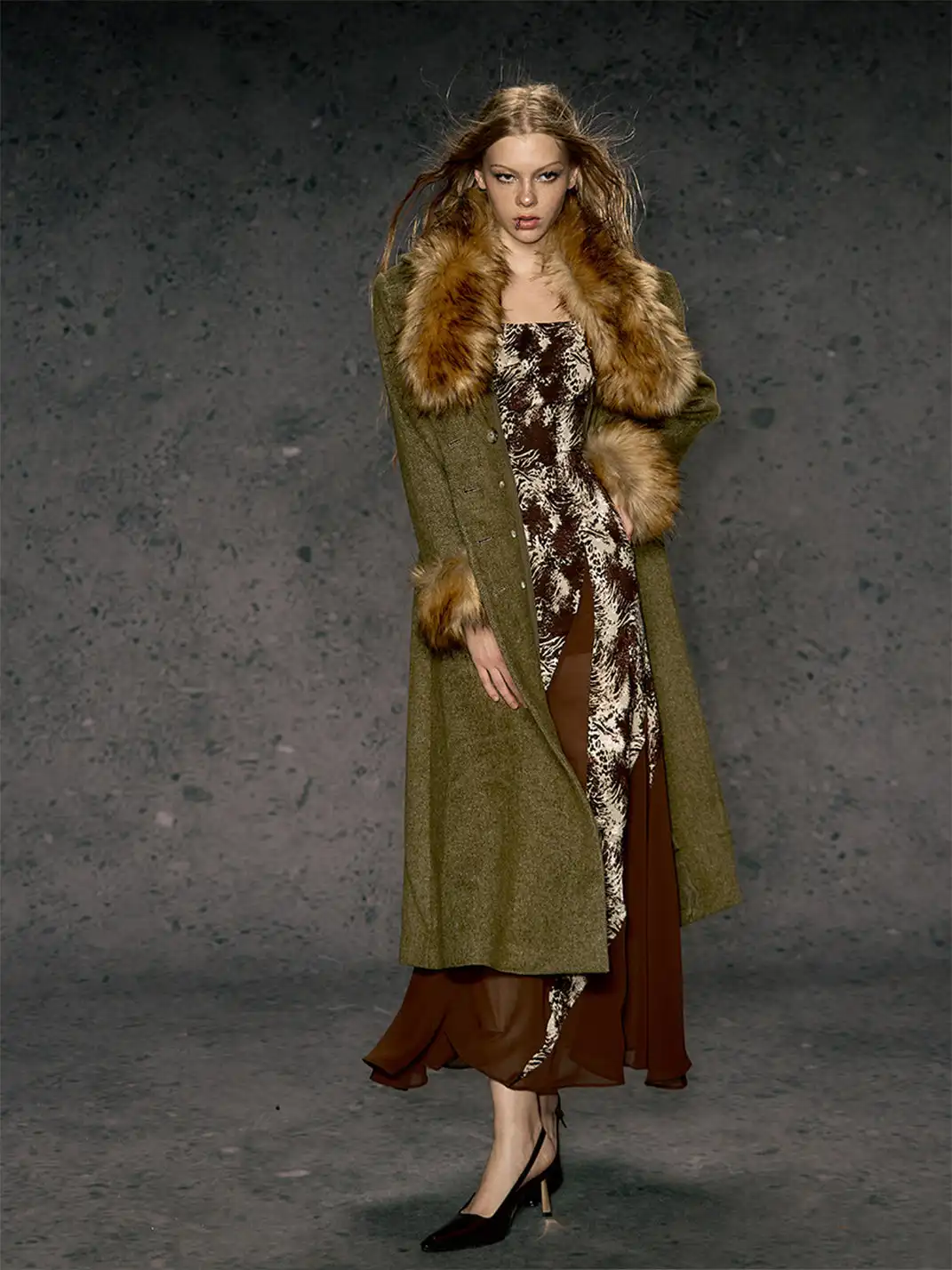 DeleteEX | Eco-friendly Fur Collar Double-breasted Belted Coat