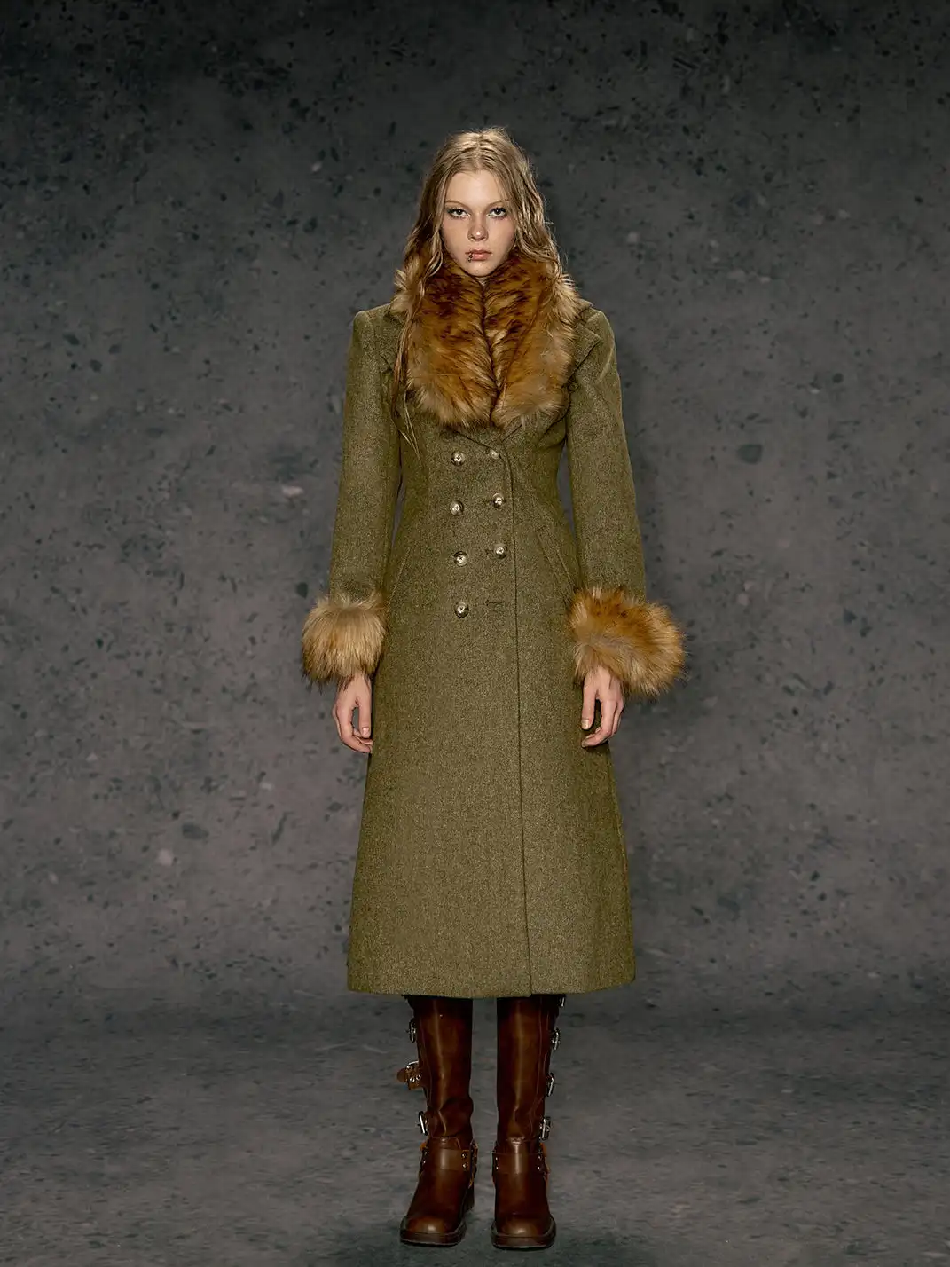 DeleteEX | Eco-friendly Fur Collar Double-breasted Belted Coat