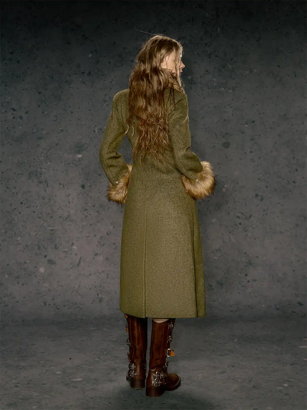 DeleteEX | Eco-friendly Fur Collar Double-breasted Belted Coat