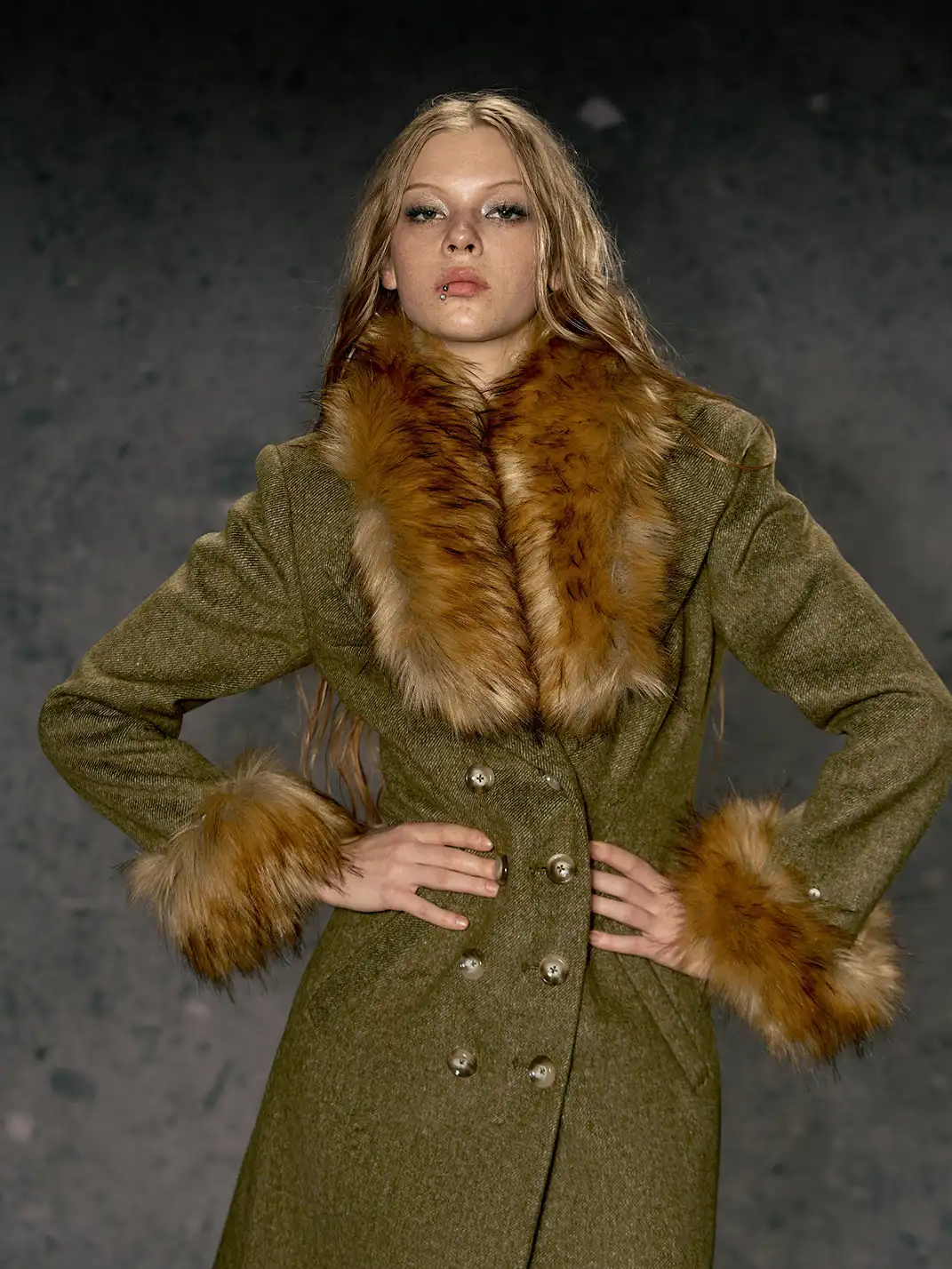 DeleteEX | Eco-friendly Fur Collar Double-breasted Belted Coat