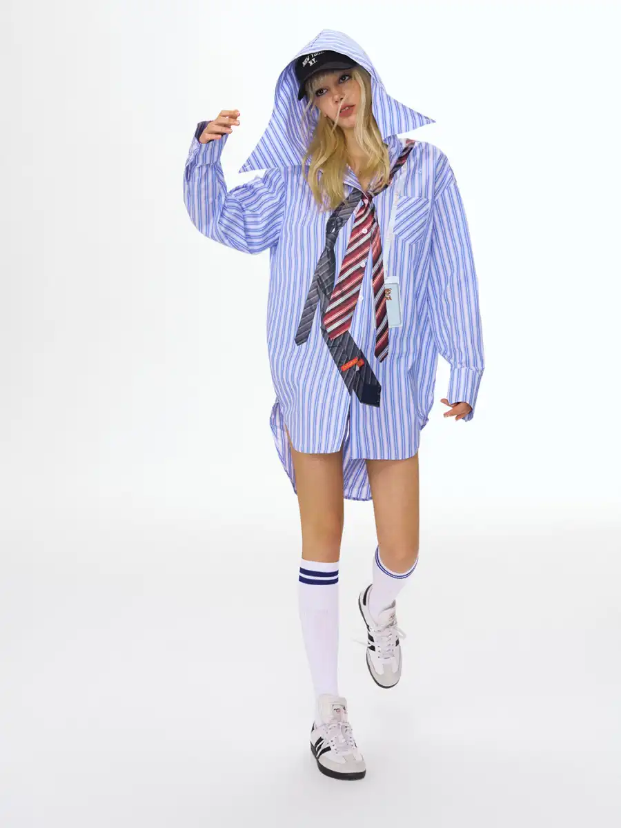 DeleteEX | Striped Shirt With Tie Print - 2