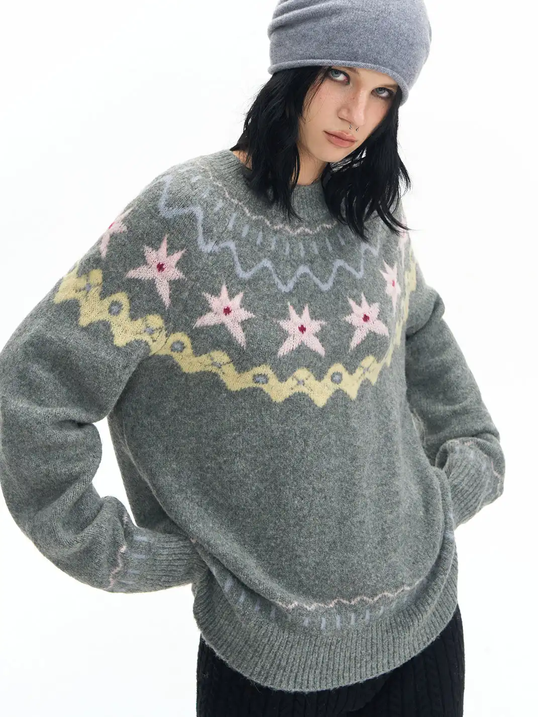 DeleteEX | Fair Isle Wool Crew Neck Pullover Sweater