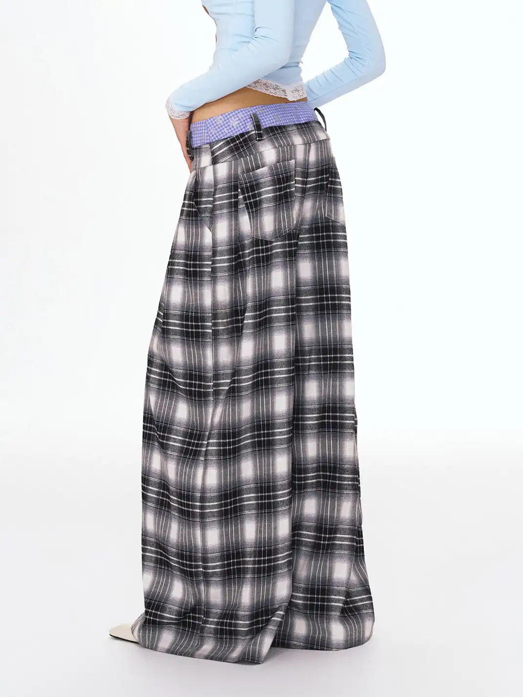 DeleteEX | Faux Two-Piece Plaid Wide-Leg Pants
