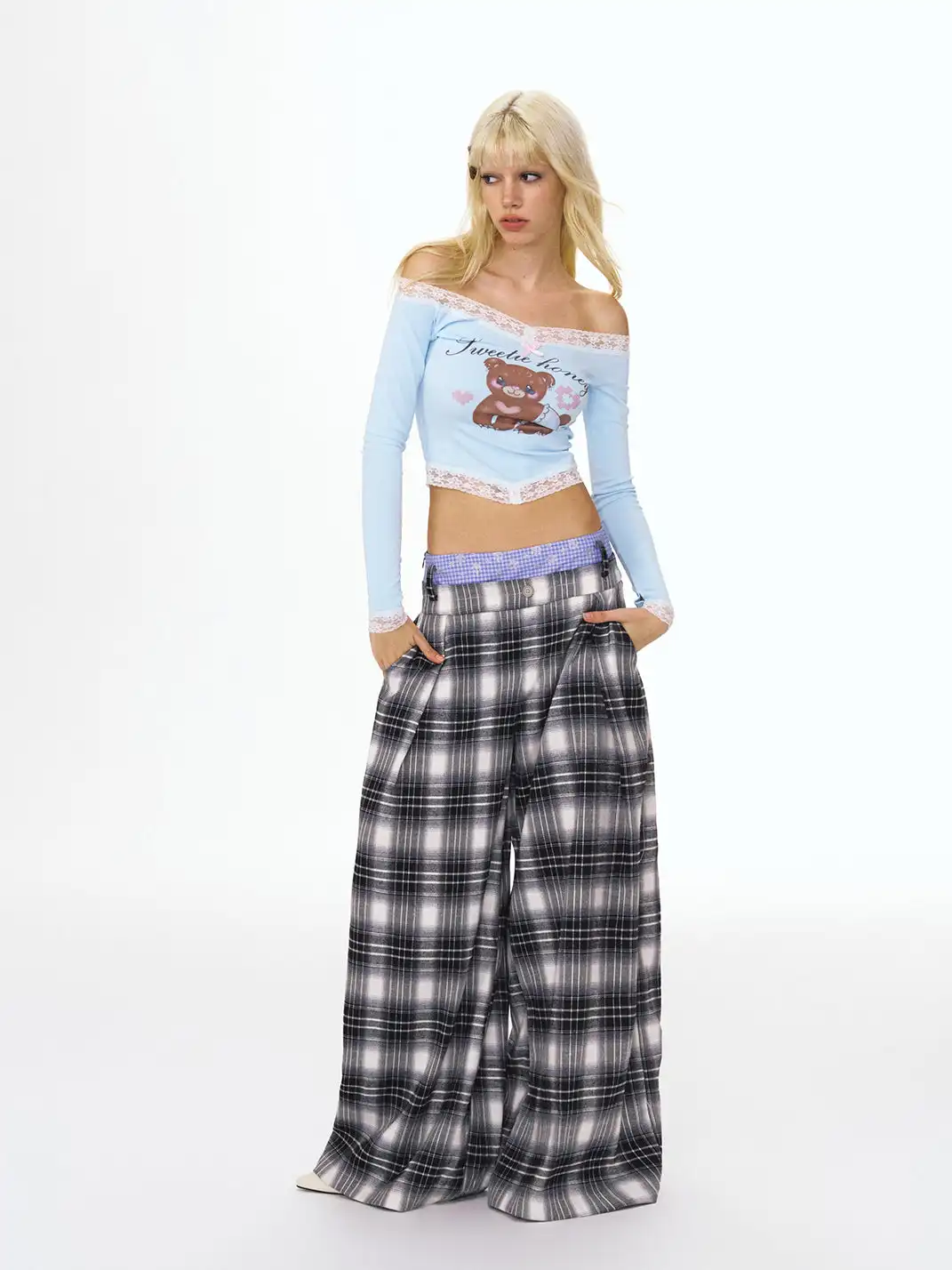 DeleteEX | Faux Two-Piece Plaid Wide-Leg Pants