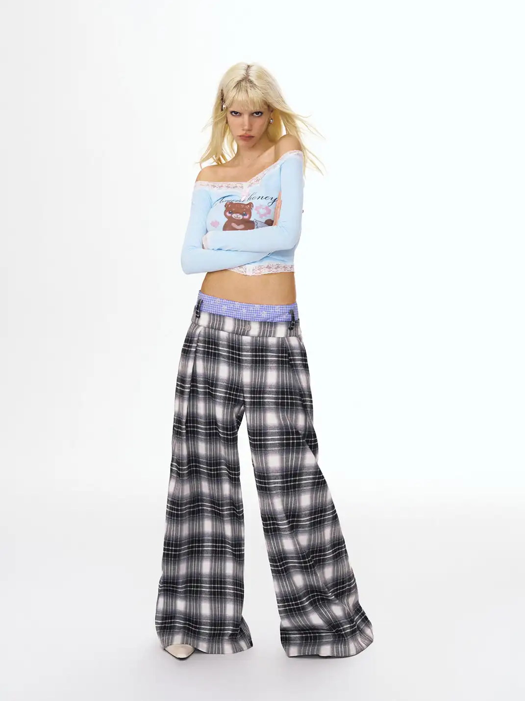 DeleteEX | Faux Two-Piece Plaid Wide-Leg Pants