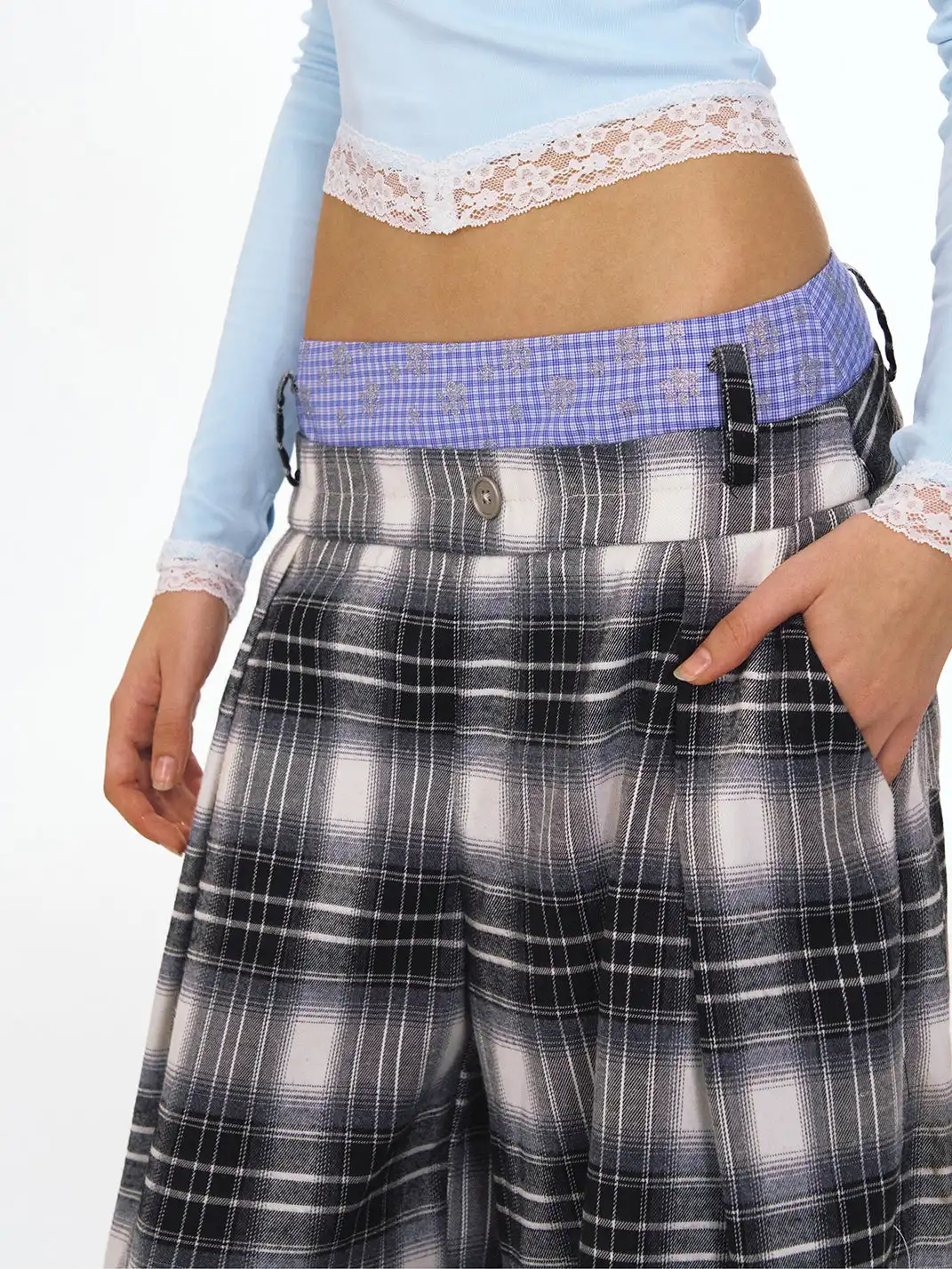 DeleteEX | Faux Two-Piece Plaid Wide-Leg Pants