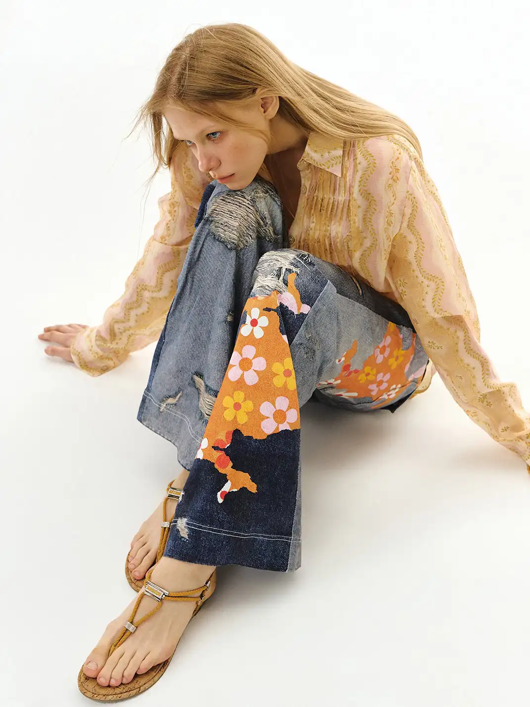 DeleteEX | Graffiti-Print Distressed Patchwork Jeans