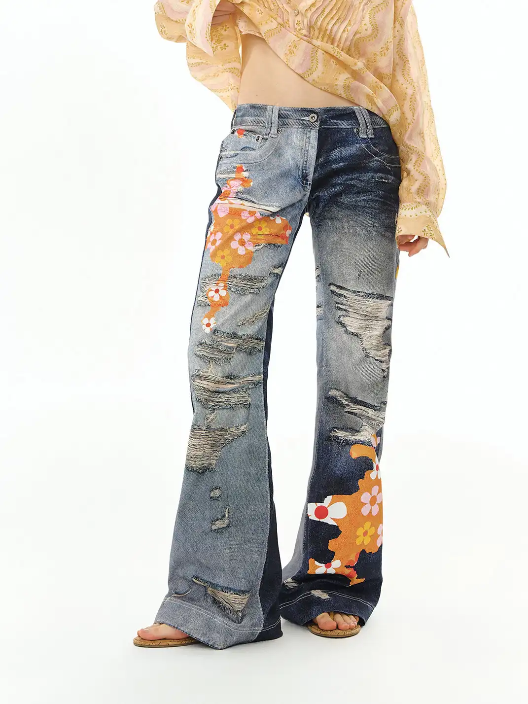 DeleteEX | Graffiti-Print Distressed Patchwork Jeans