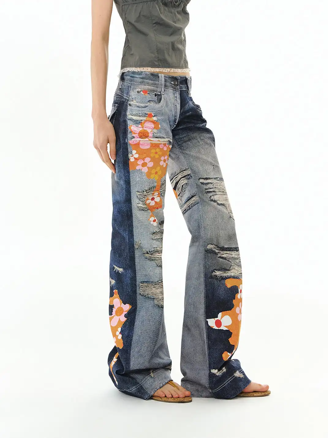 DeleteEX | Graffiti-Print Distressed Patchwork Jeans
