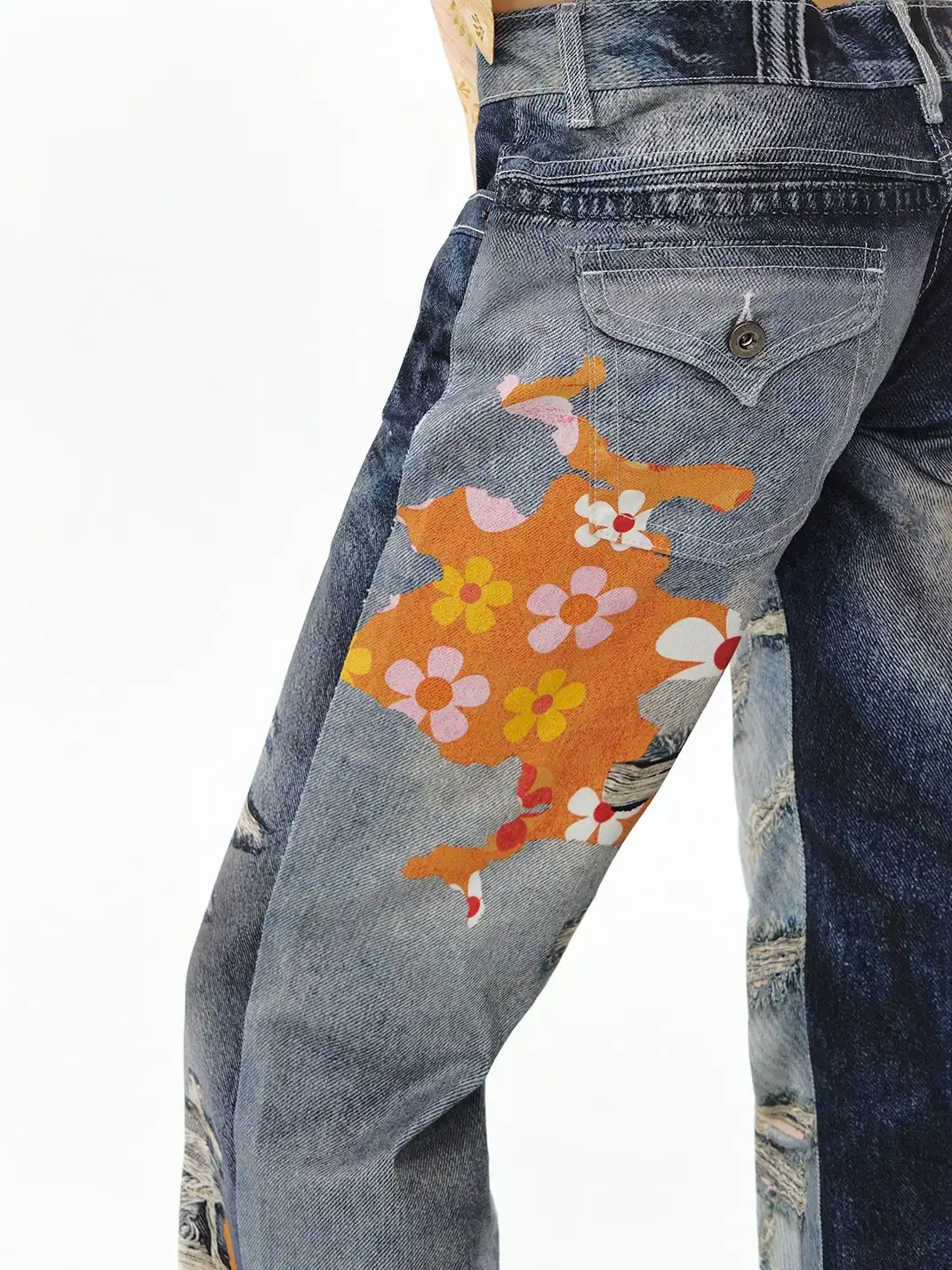 DeleteEX | Graffiti-Print Distressed Patchwork Jeans