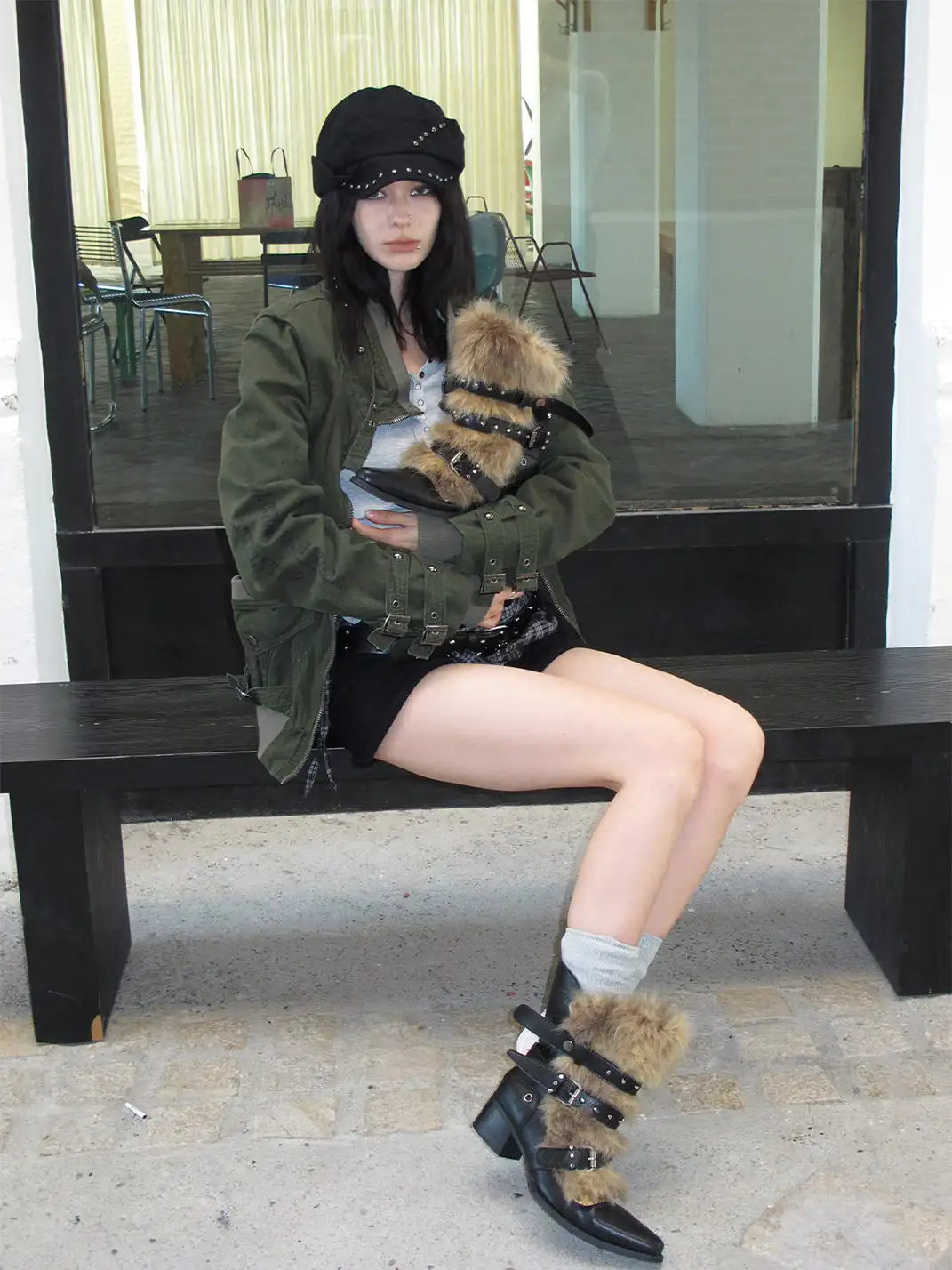 Mooreyu Atelier | Furry Pointed-Toe Studded Ankle Boots