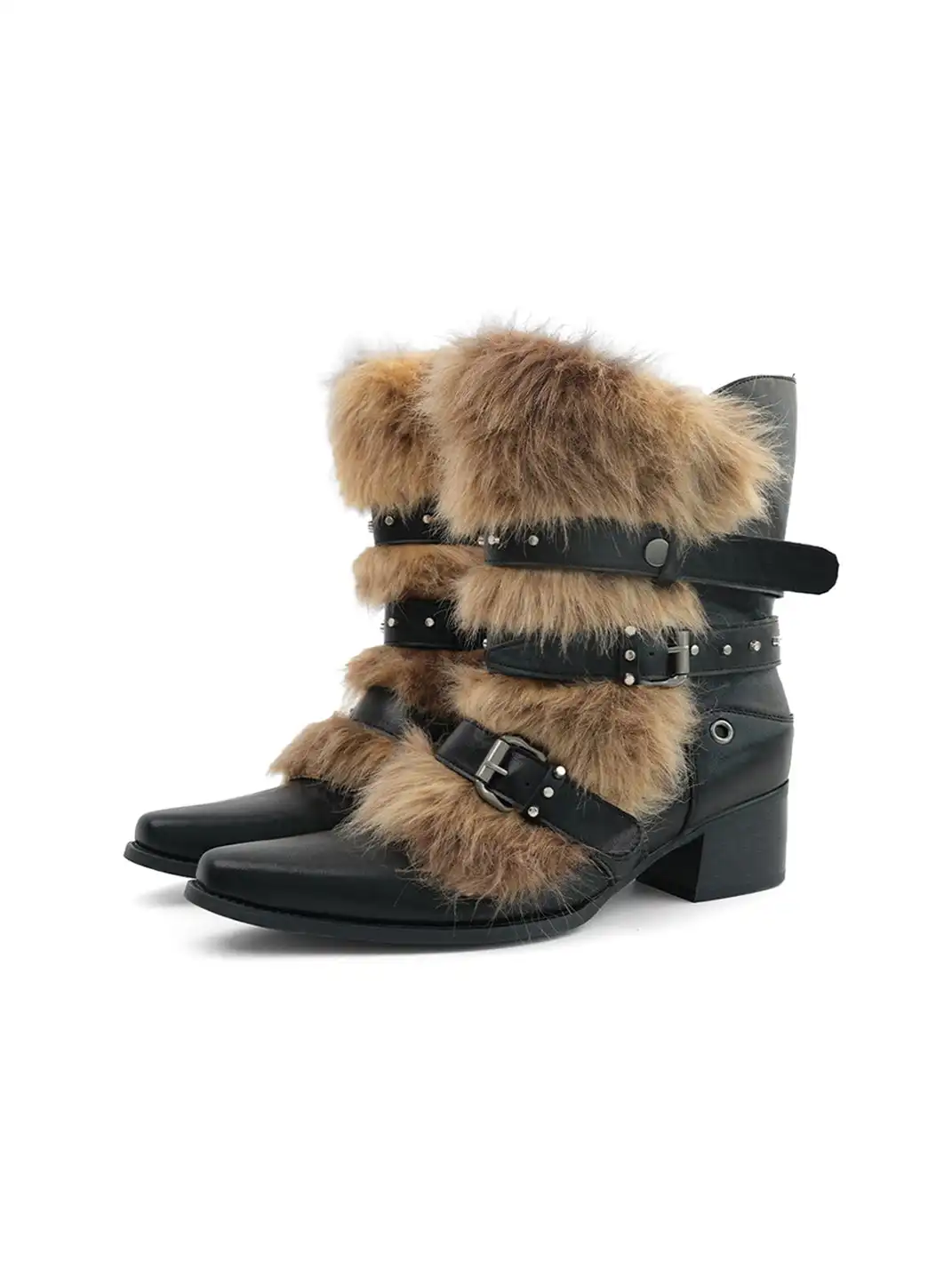 Mooreyu Atelier | Furry Pointed-Toe Studded Ankle Boots