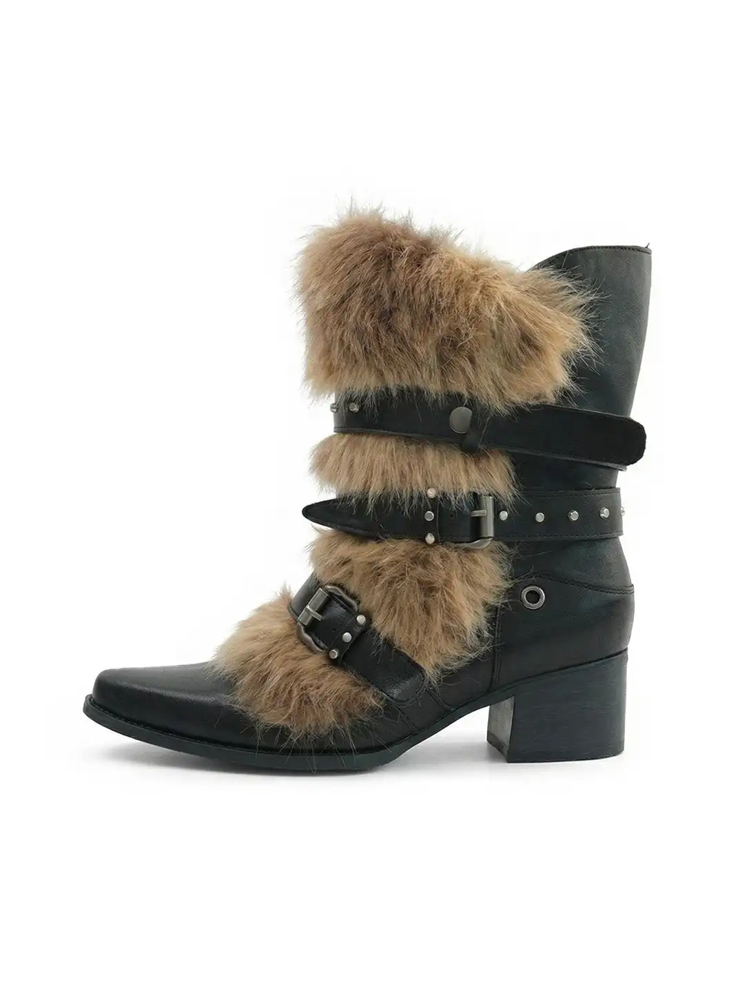 Mooreyu Atelier | Furry Pointed-Toe Studded Ankle Boots