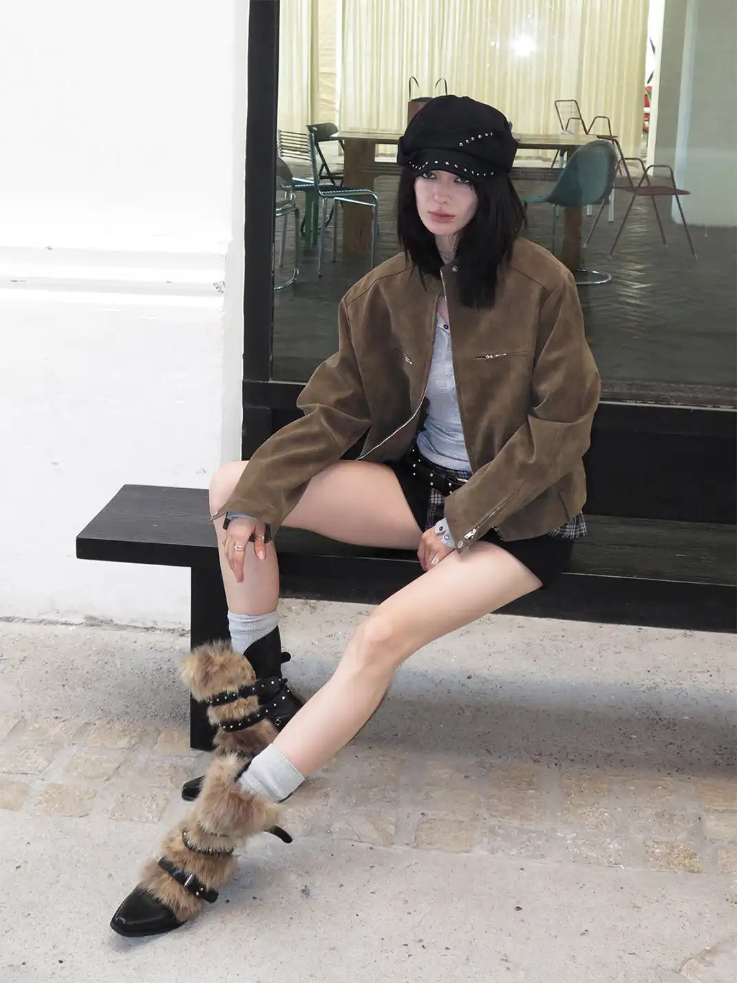 Mooreyu Atelier | Furry Pointed-Toe Studded Ankle Boots