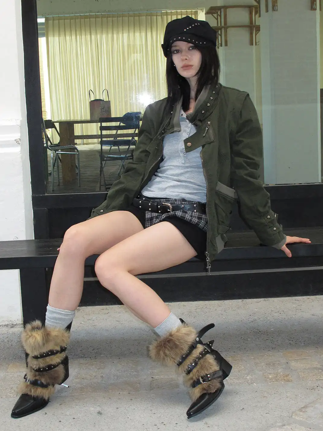 Mooreyu Atelier | Furry Pointed-Toe Studded Ankle Boots