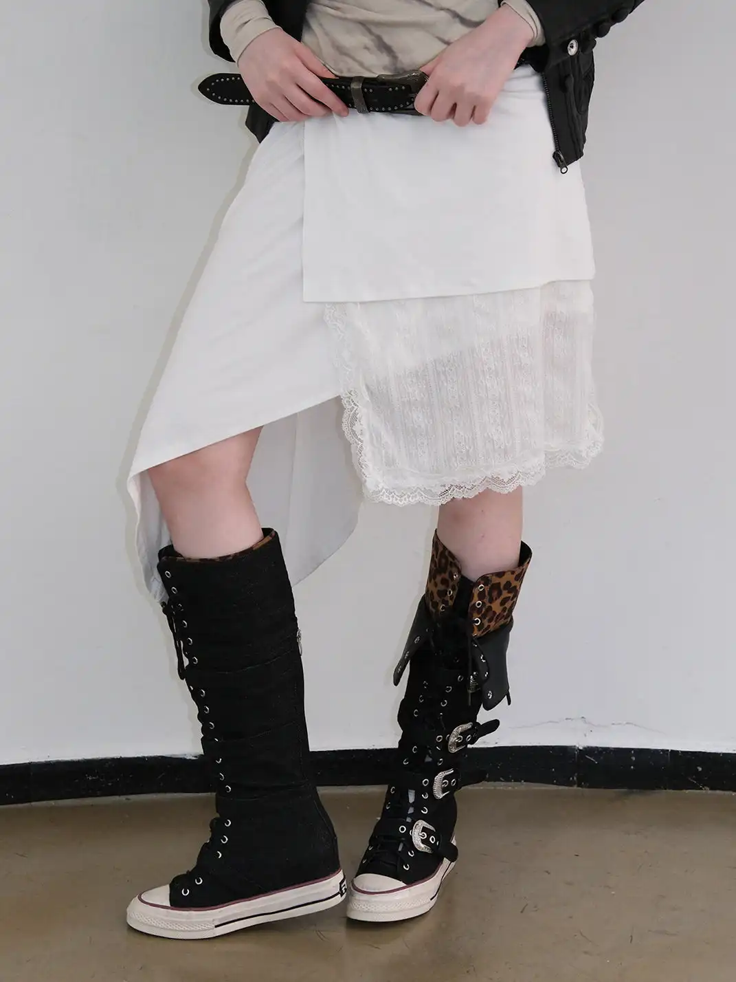 Mooreyu Atelier | Leopard Print High-Top Canvas Boots With Belt Buckle