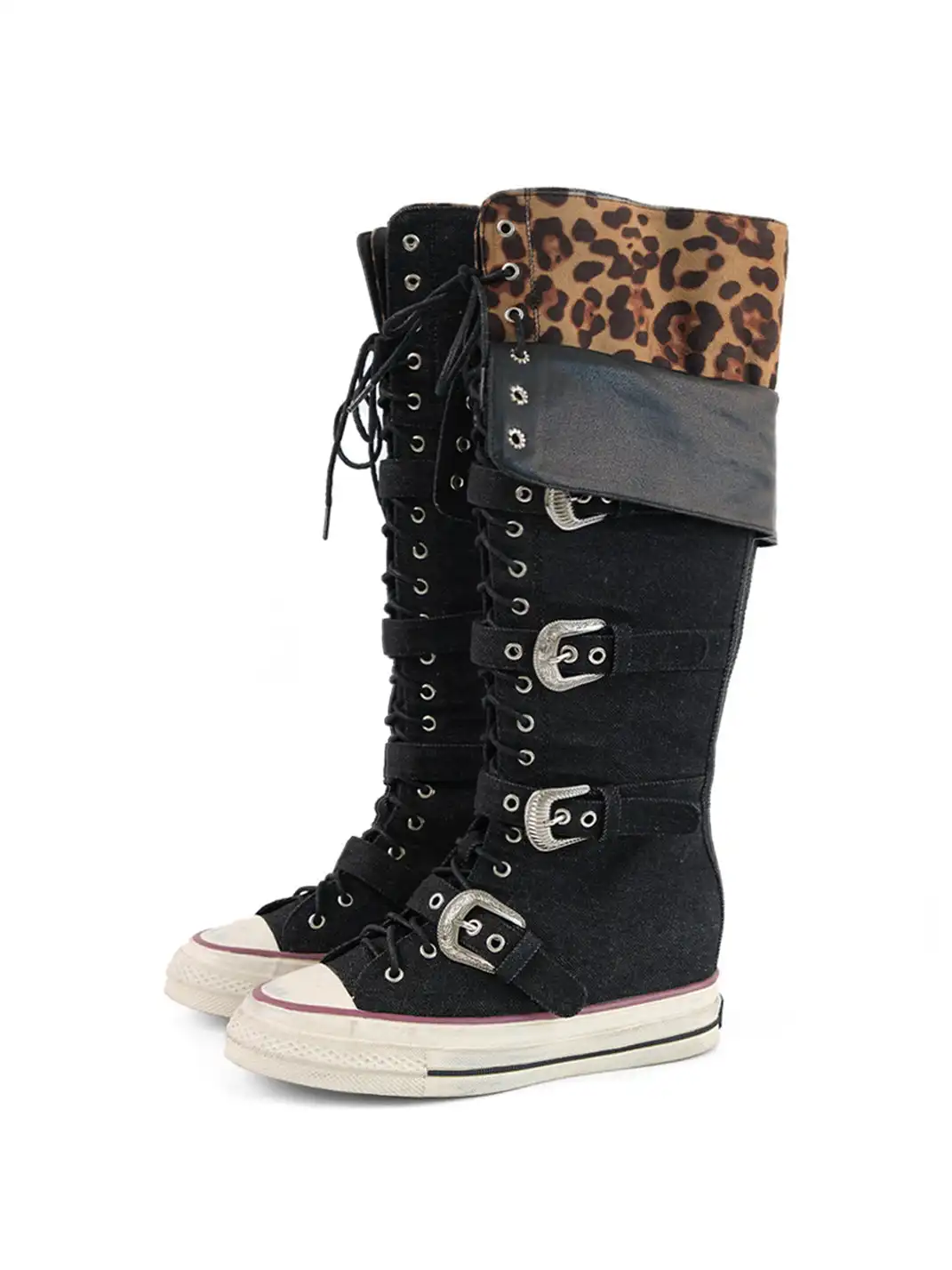 Mooreyu Atelier | Leopard Print High-Top Canvas Boots With Belt Buckle