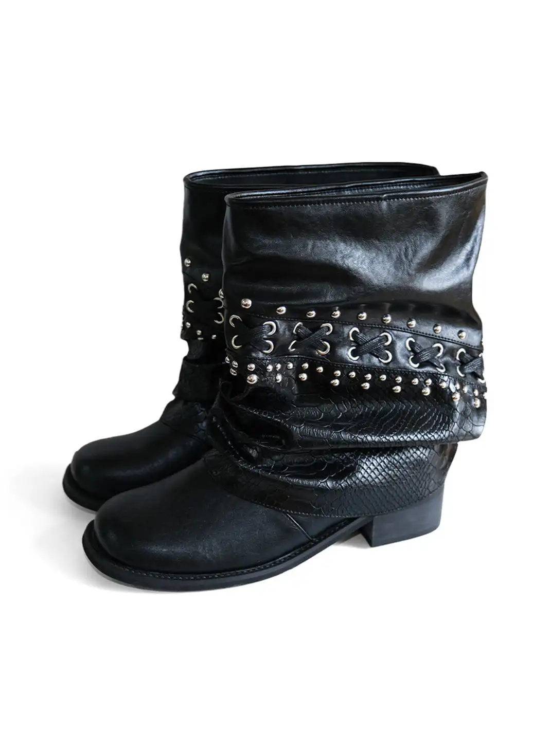 Mooreyu Atelier | Studded Leather Pleated Slouch Boots