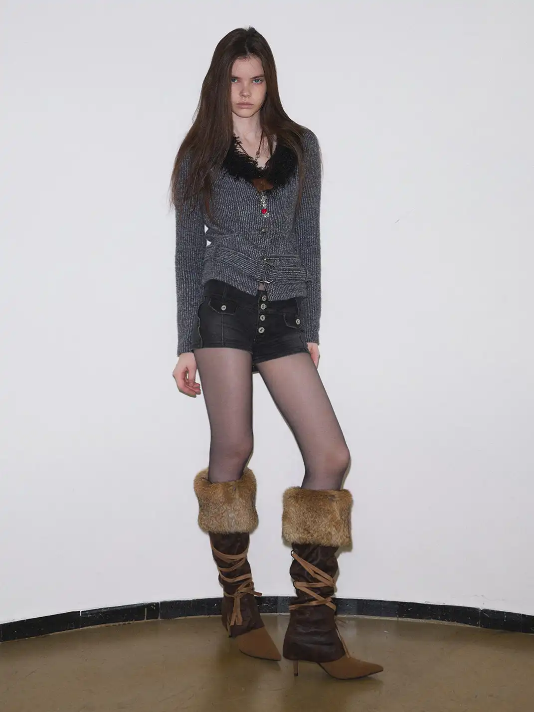 Mooreyu Atelier | Genuine Leather Rabbit Fur Pointed Toe Boots