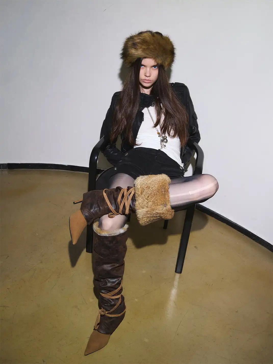 Mooreyu Atelier | Genuine Leather Rabbit Fur Pointed Toe Boots