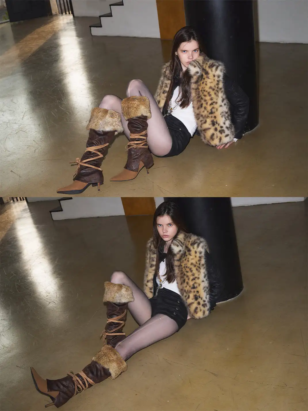 Mooreyu Atelier | Genuine Leather Rabbit Fur Pointed Toe Boots