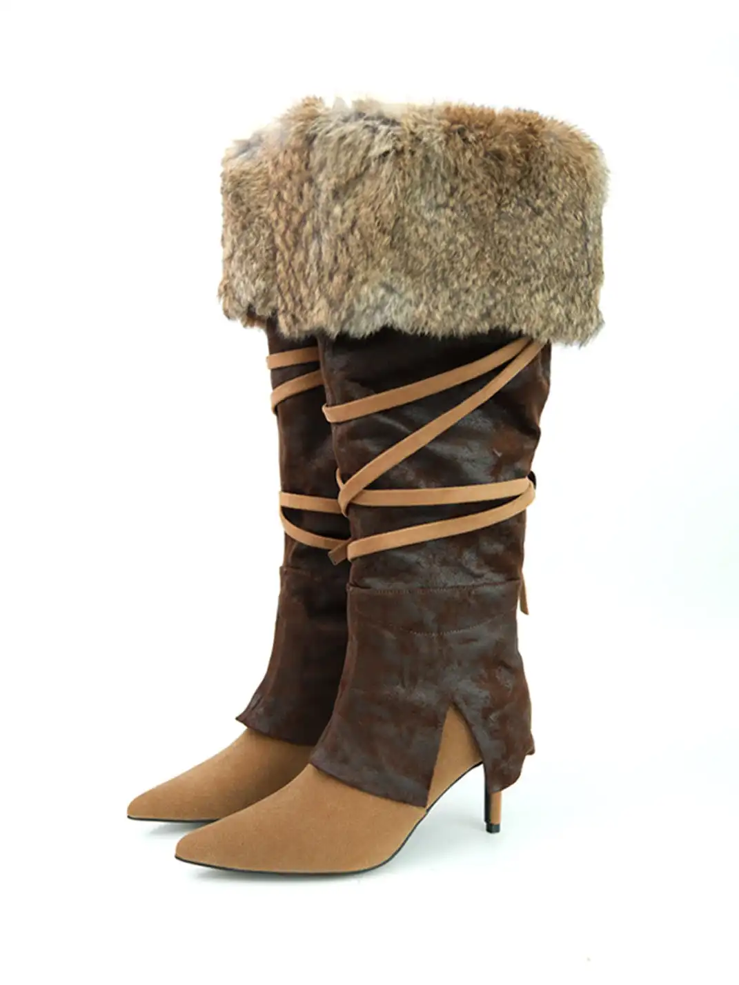 Mooreyu Atelier | Genuine Leather Rabbit Fur Pointed Toe Boots