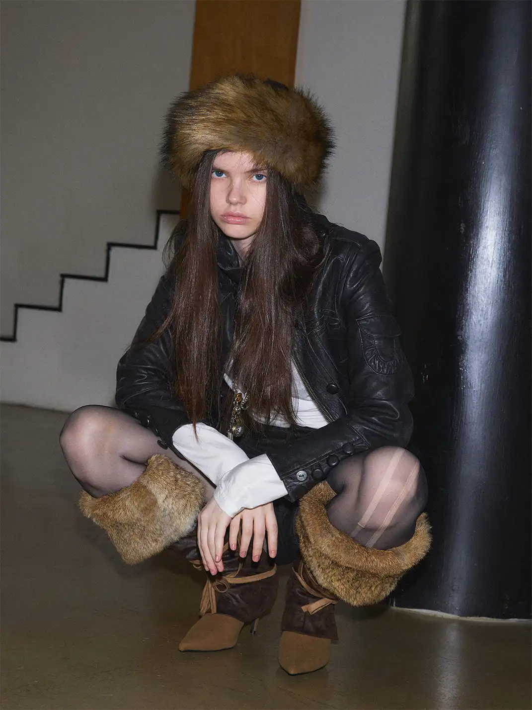 Mooreyu Atelier | Genuine Leather Rabbit Fur Pointed Toe Boots