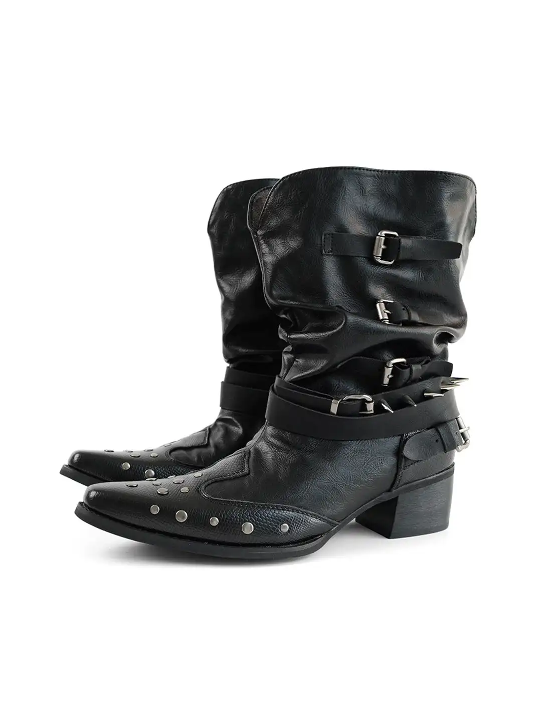 Mooreyu Atelier | Leather Pointed-Toe V-Shaped Studded Ankle Boots