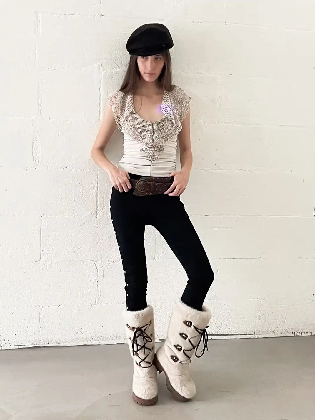 Mooreyu Atelier | Round-Toe Lace-Up Cotton Boots-White