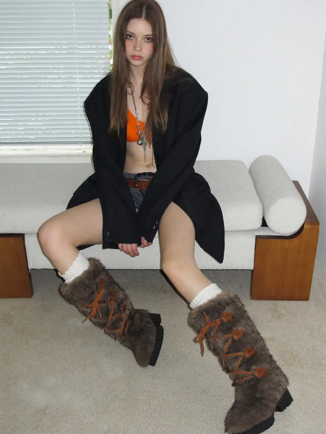 Mooreyu Atelier | Round-Toe Lace-Up Cotton Boots-Brown
